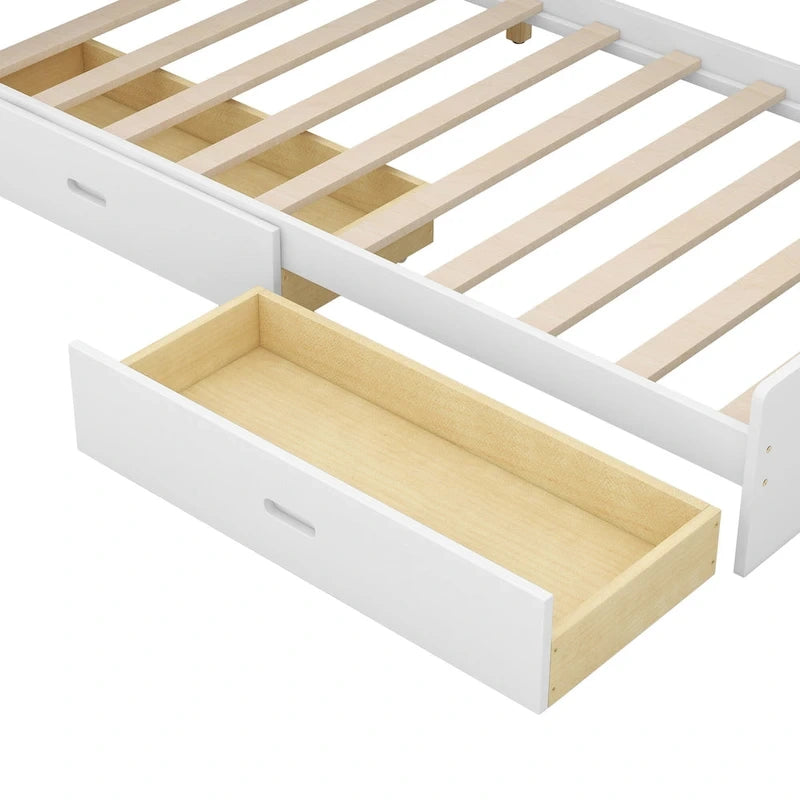 Lit plateforme avec tête de lit de rangement, étagères intégrées et 2 tiroirs sous le lit — Gris