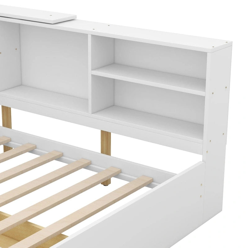 Lit plateforme avec tête de lit de rangement, étagères intégrées et 2 tiroirs sous le lit — Gris