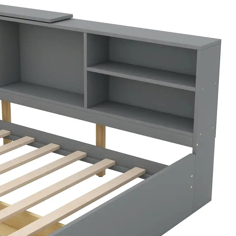 Lit plateforme avec tête de lit de rangement, étagères intégrées et 2 tiroirs sous le lit — Gris