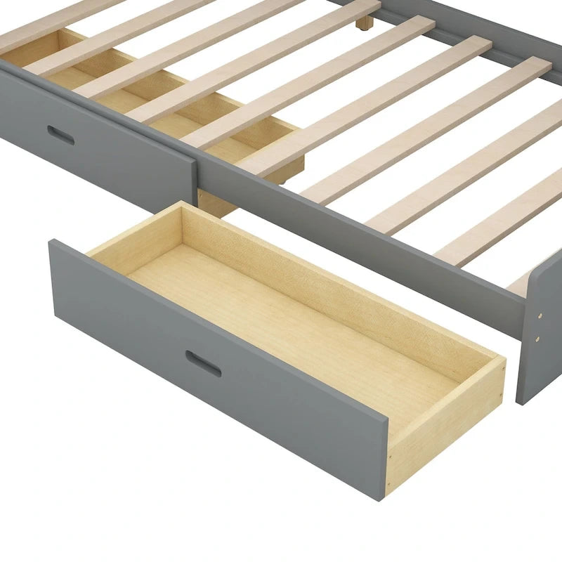 Lit plateforme avec tête de lit de rangement, étagères intégrées et 2 tiroirs sous le lit — Gris