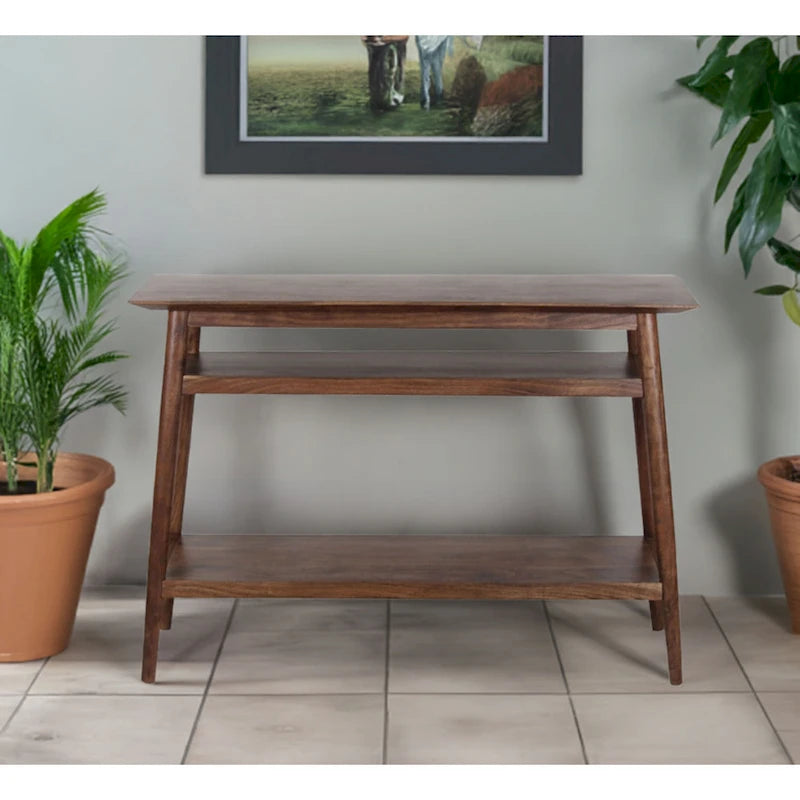 Console en bois massif à 2 étagères – Bords biseautés, pieds ronds et finition naturelle rustique