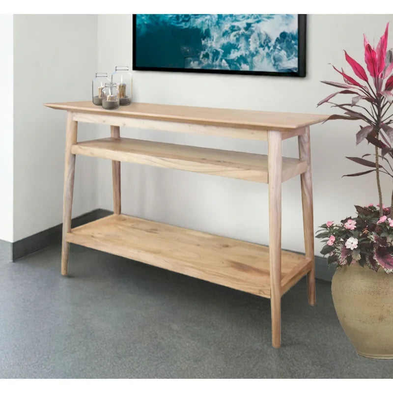 Console en bois massif à 2 étagères – Bords biseautés, pieds ronds et finition naturelle rustique