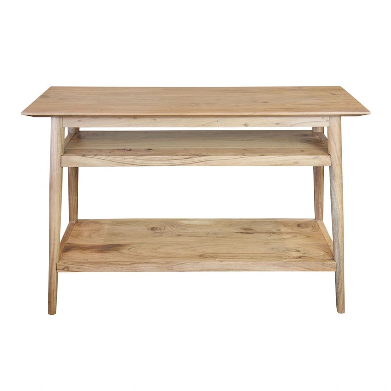 Console en bois massif à 2 étagères – Bords biseautés, pieds ronds et finition naturelle rustique