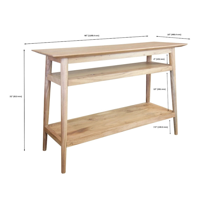Console en bois massif à 2 étagères – Bords biseautés, pieds ronds et finition naturelle rustique