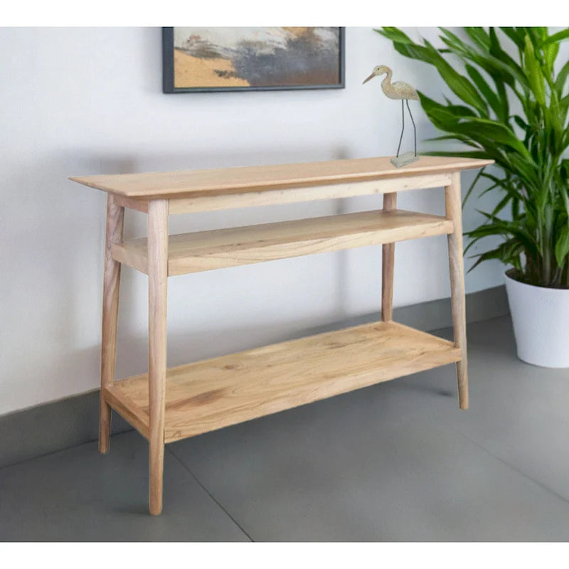 Console en bois massif à 2 étagères – Bords biseautés, pieds ronds et finition naturelle rustique