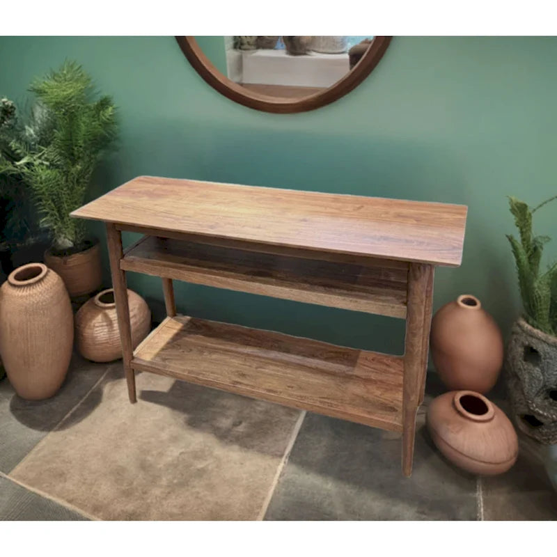 Console en bois massif à 2 étagères – Bords biseautés, pieds ronds et finition naturelle rustique