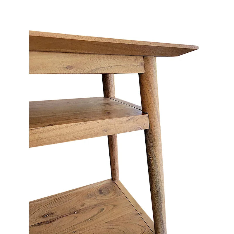 Console en bois massif à 2 étagères – Bords biseautés, pieds ronds et finition naturelle rustique