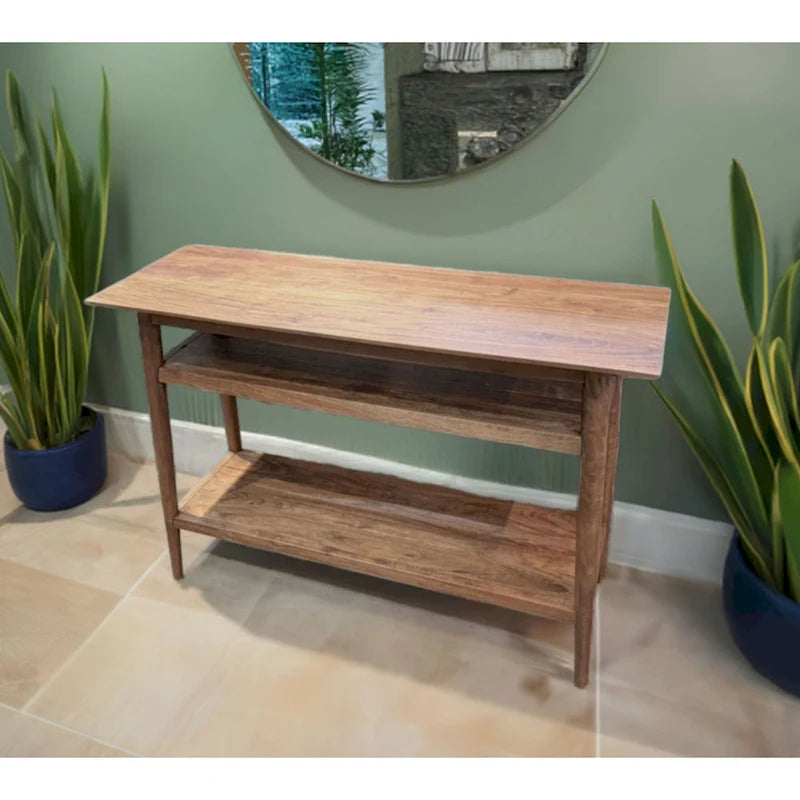 Console en bois massif à 2 étagères – Bords biseautés, pieds ronds et finition naturelle rustique