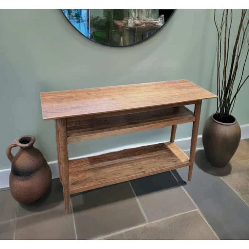 Console en bois massif à 2 étagères – Bords biseautés, pieds ronds et finition naturelle rustique