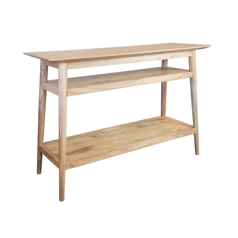 Console en bois massif à 2 étagères – Bords biseautés, pieds ronds et finition naturelle rustique