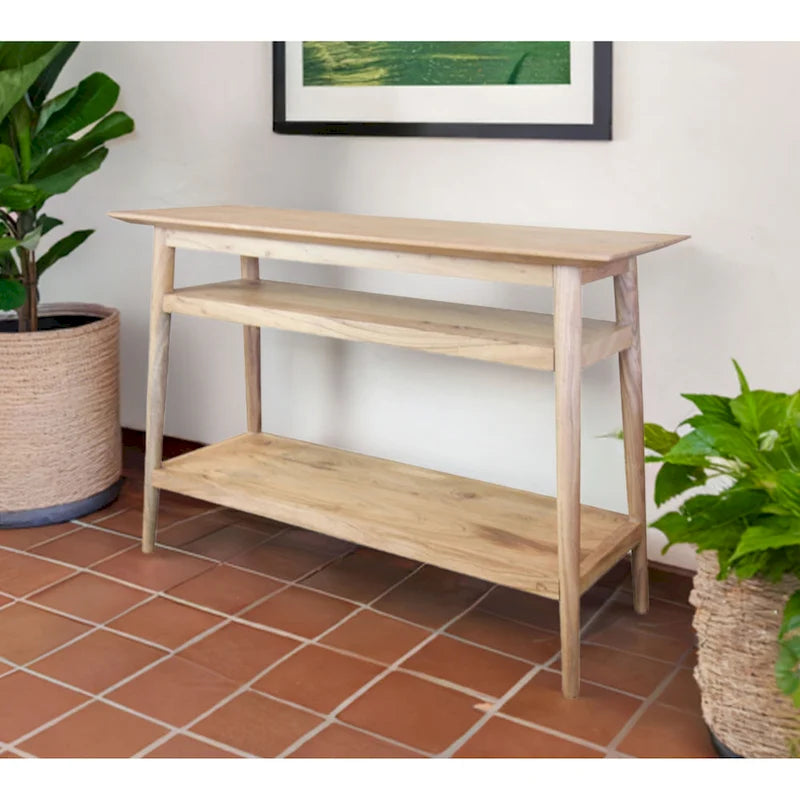 Console en bois massif à 2 étagères – Bords biseautés, pieds ronds et finition naturelle rustique