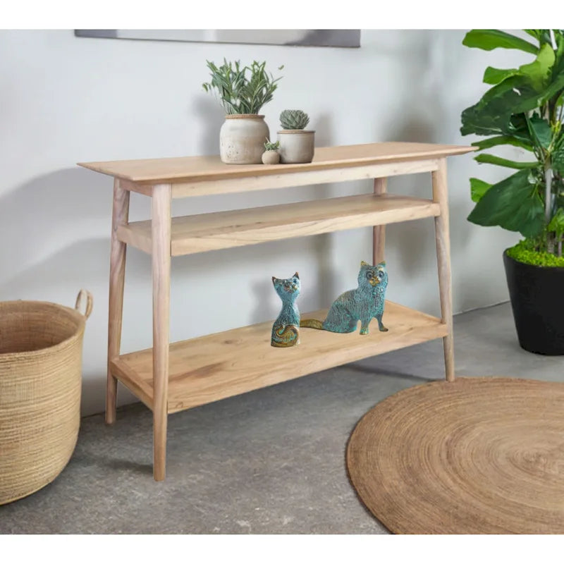 Console en bois massif à 2 étagères – Bords biseautés, pieds ronds et finition naturelle rustique