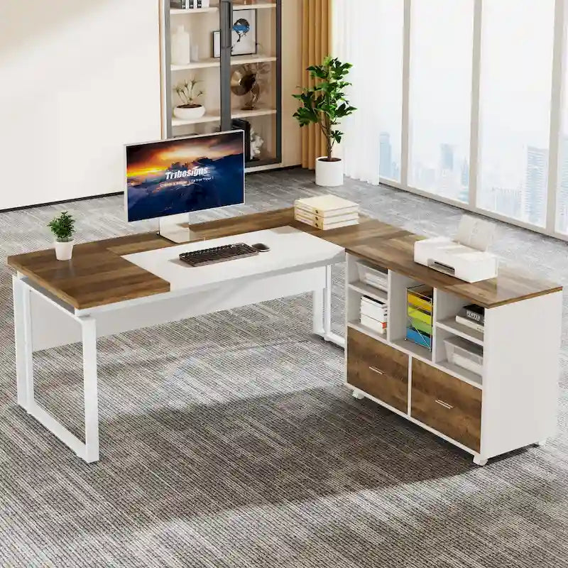 63 L-Shaped Computer Desk Executive Desks with Reversible File Cabinet and Storage Drawers for Home Office