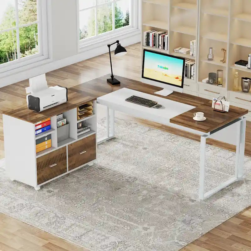 Bureau de direction en L avec caisson de classement réversible et tiroirs de rangement