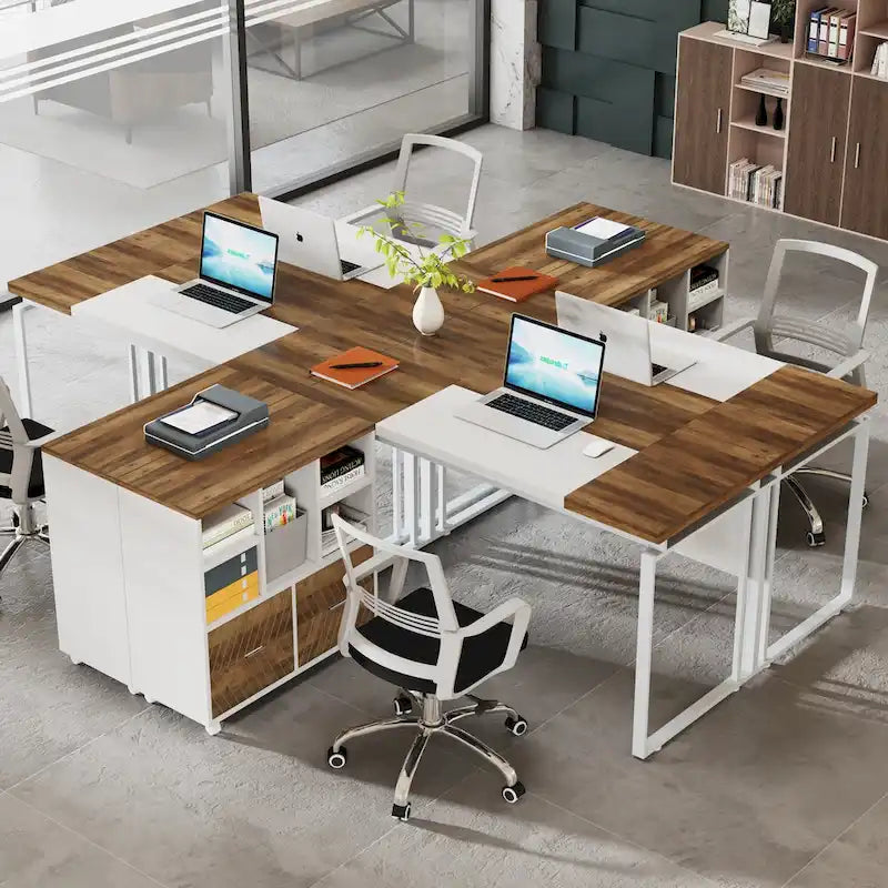 Bureau de direction en L avec caisson de classement réversible et tiroirs de rangement