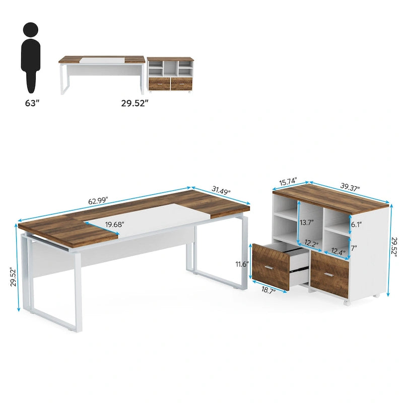 Bureau de direction en L avec caisson de classement réversible et tiroirs de rangement