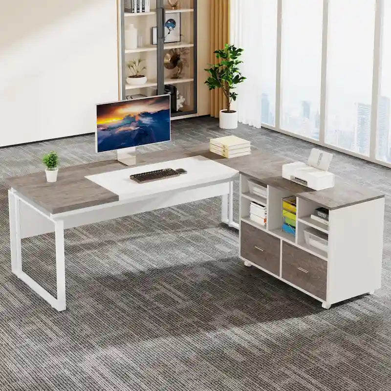 Bureau de direction en L avec caisson de classement réversible et tiroirs de rangement