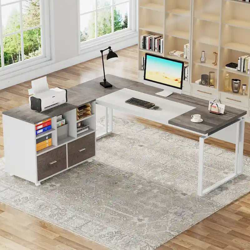 Bureau de direction en L avec caisson de classement réversible et tiroirs de rangement