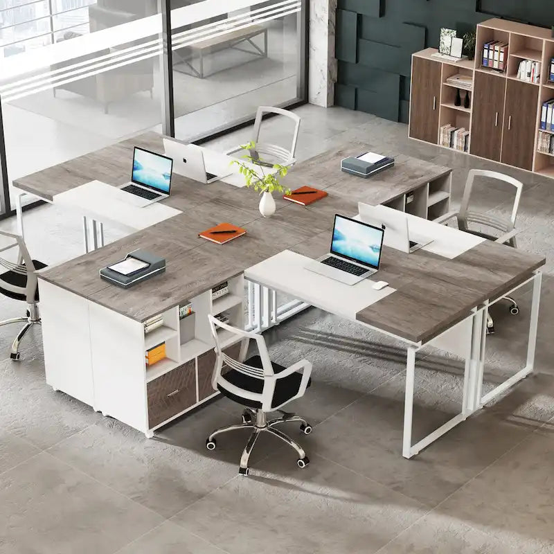 Bureau de direction en L avec caisson de classement réversible et tiroirs de rangement