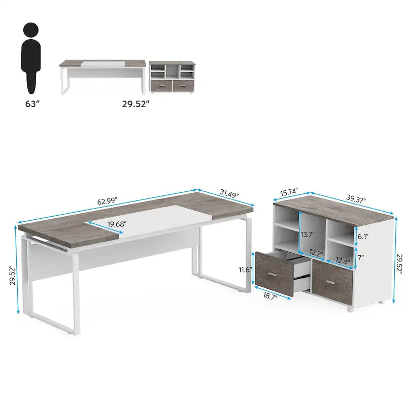Bureau de direction en L avec caisson de classement réversible et tiroirs de rangement