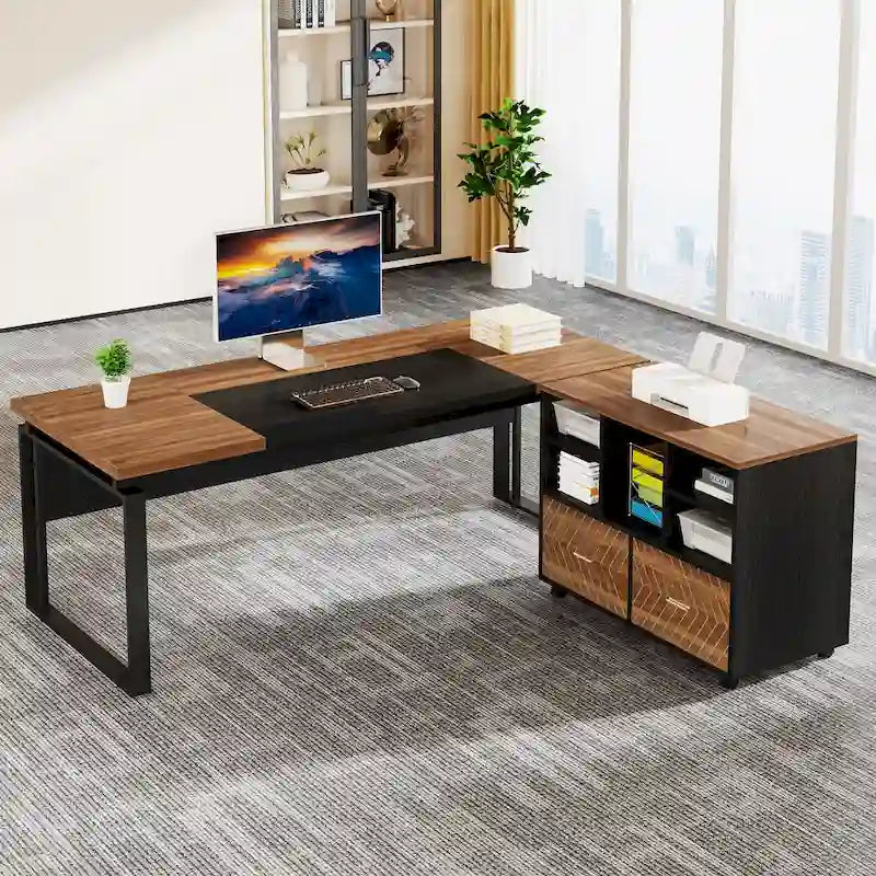 Bureau de direction en L avec caisson de classement réversible et tiroirs de rangement