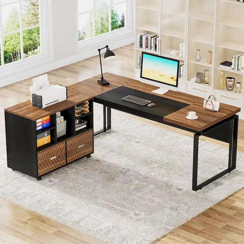 Bureau de direction en L avec caisson de classement réversible et tiroirs de rangement