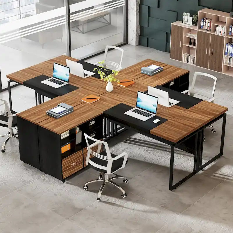 Bureau de direction en L avec caisson de classement réversible et tiroirs de rangement