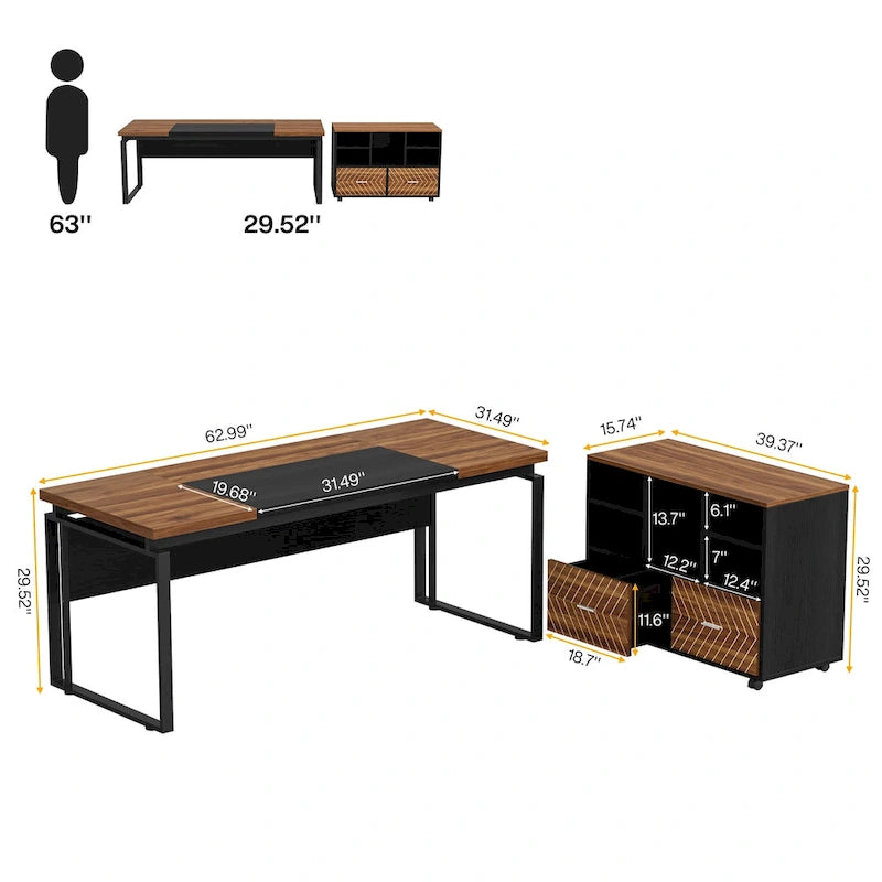 Bureau de direction en L avec caisson de classement réversible et tiroirs de rangement