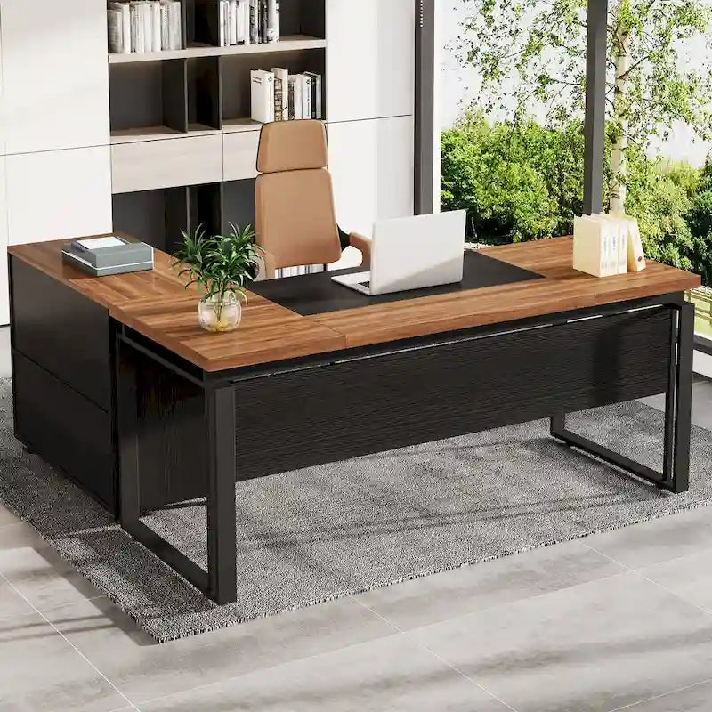 Bureau de direction en L avec caisson de classement réversible et tiroirs de rangement