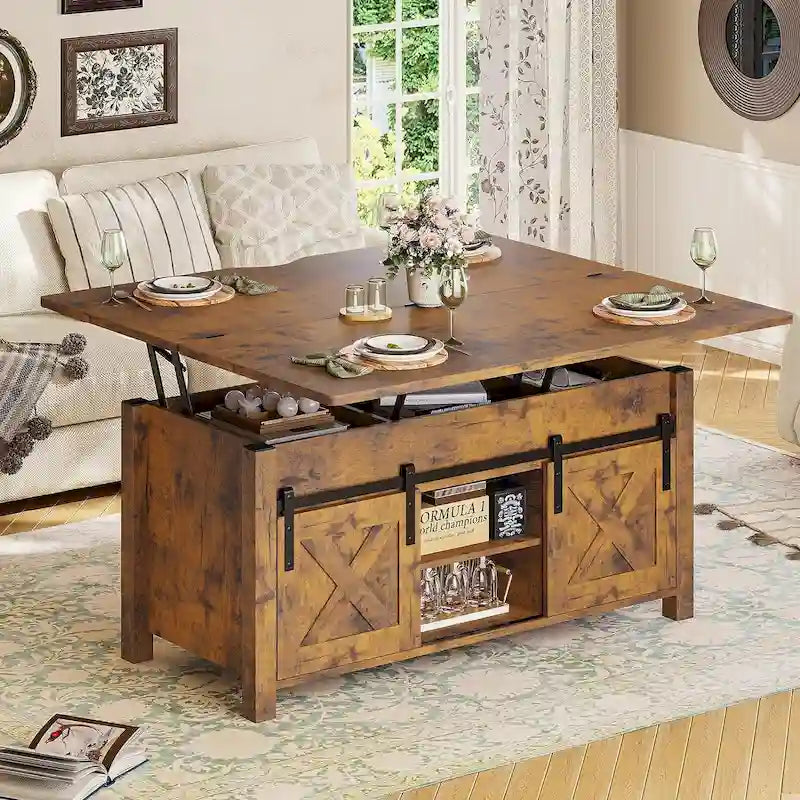 Table basse relevable avec portes coulissantes et rangement dissimulé – Style campagnard convertible