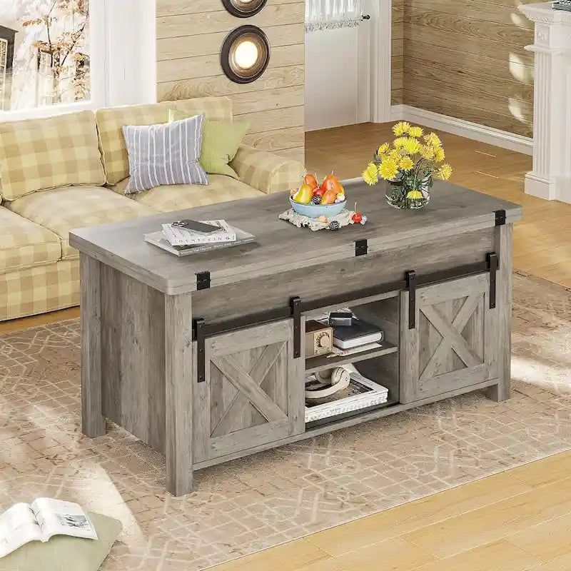 Table basse relevable avec portes coulissantes et rangement dissimulé – Style campagnard convertible