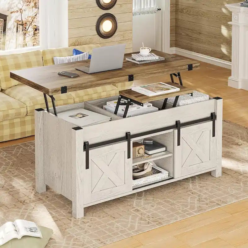 Table basse relevable avec portes coulissantes et rangement dissimulé – Style campagnard convertible