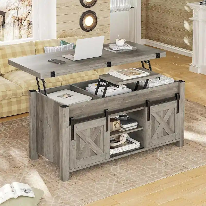 Table basse relevable avec portes coulissantes et rangement dissimulé – Style campagnard convertible