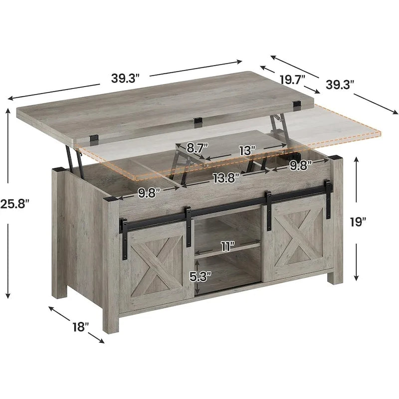 Table basse relevable avec portes coulissantes et rangement dissimulé – Style campagnard convertible