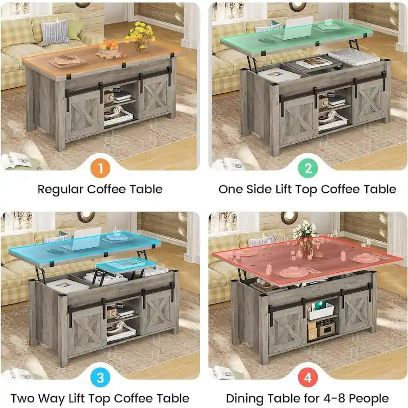 Table basse relevable avec portes coulissantes et rangement dissimulé – Style campagnard convertible