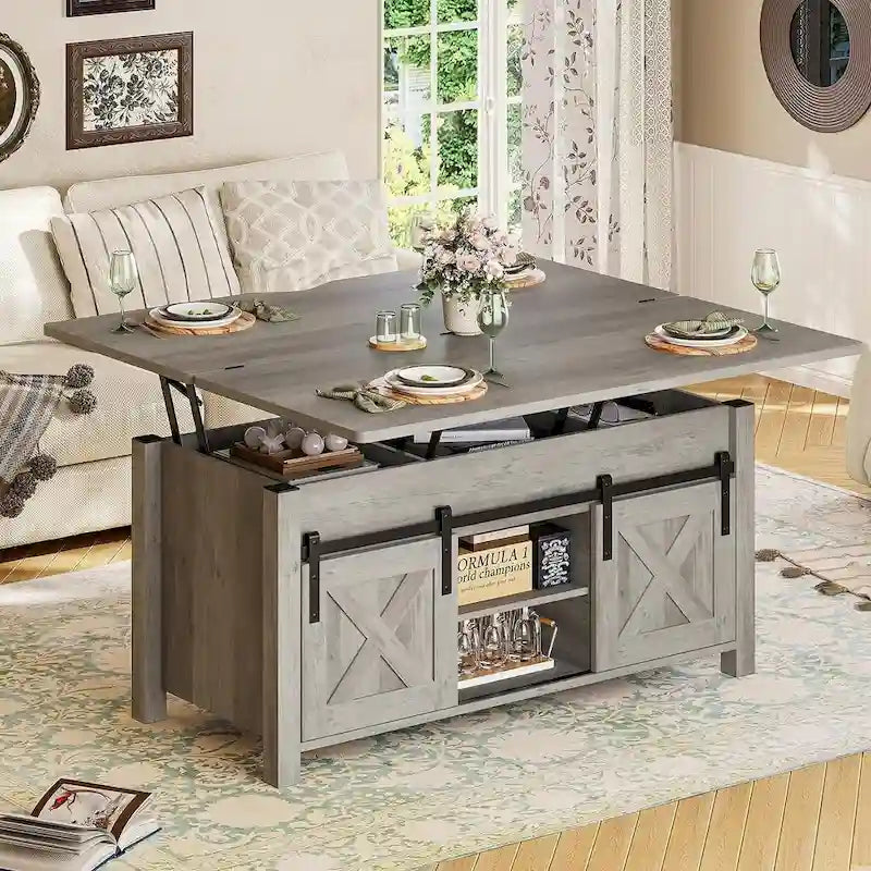Table basse relevable avec portes coulissantes et rangement dissimulé – Style campagnard convertible