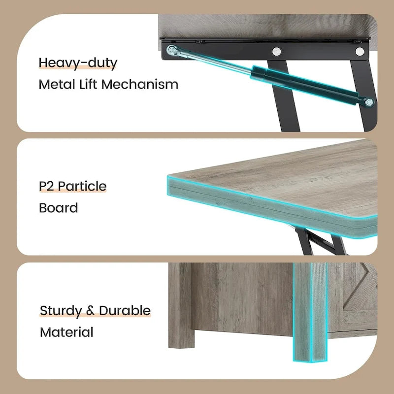 Table basse relevable avec portes coulissantes et rangement dissimulé – Style campagnard convertible