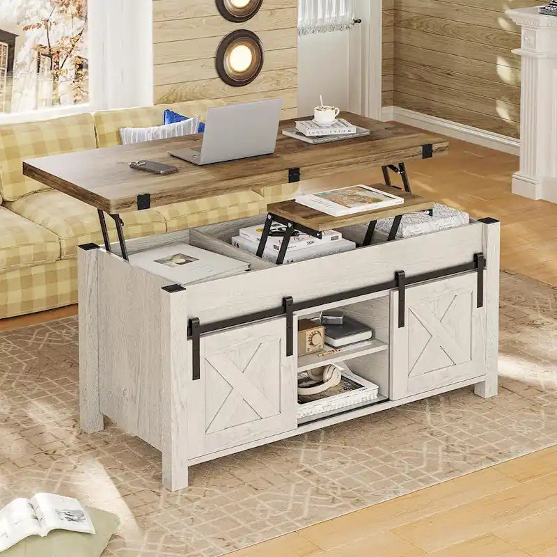 Table basse relevable avec portes coulissantes et rangement dissimulé – Style campagnard convertible