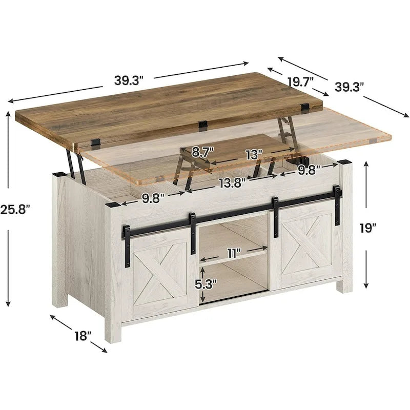 Table basse relevable avec portes coulissantes et rangement dissimulé – Style campagnard convertible