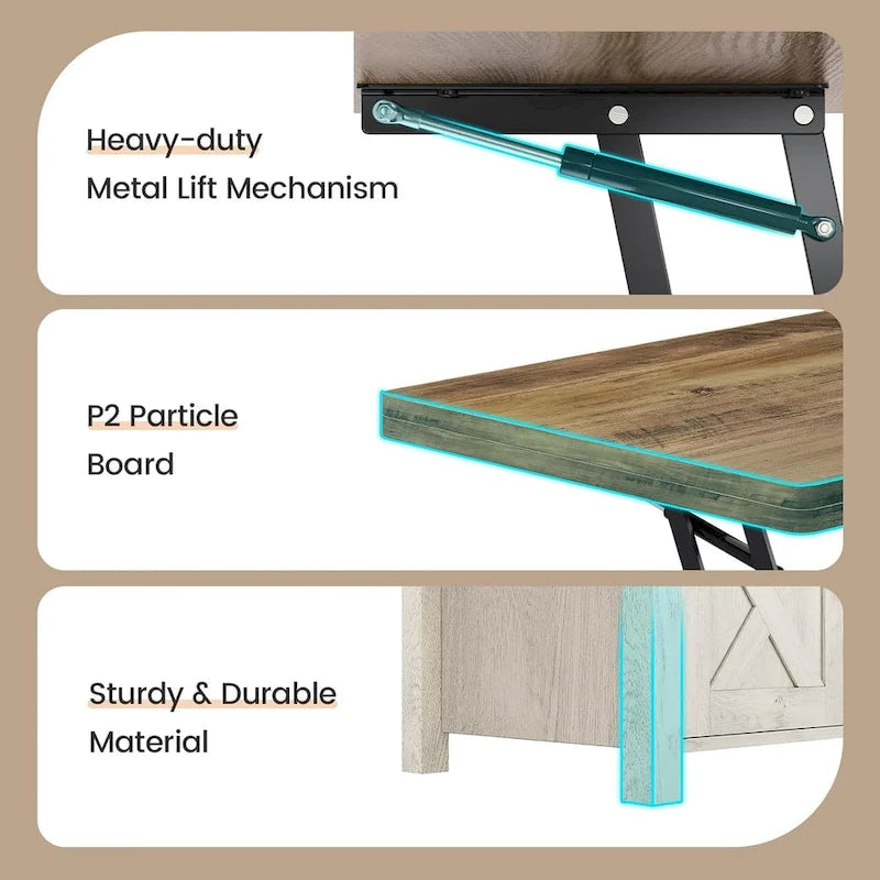 Table basse relevable avec portes coulissantes et rangement dissimulé – Style campagnard convertible