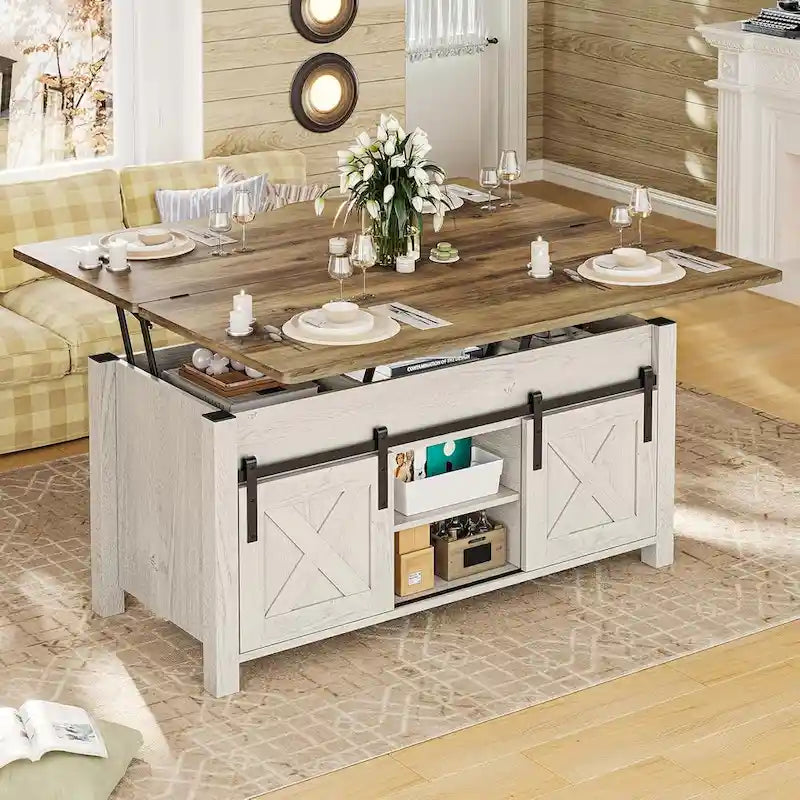 Table basse relevable avec portes coulissantes et rangement dissimulé – Style campagnard convertible