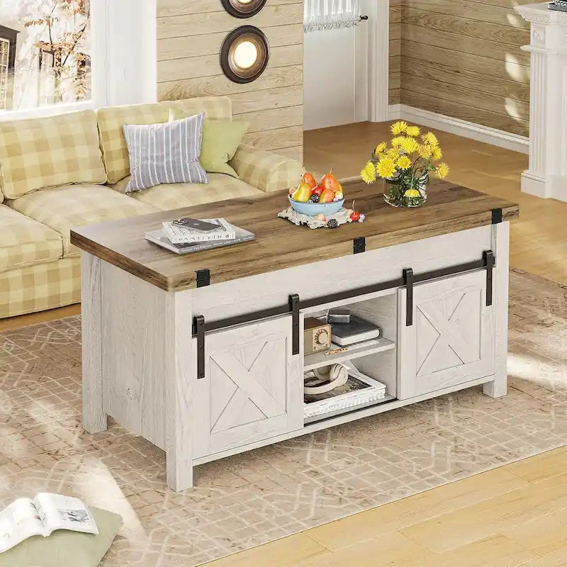 Table basse relevable avec portes coulissantes et rangement dissimulé – Style campagnard convertible