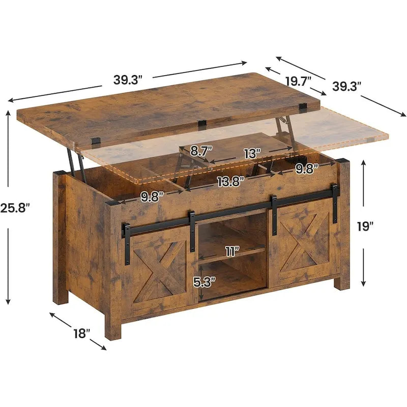 Table basse relevable avec portes coulissantes et rangement dissimulé – Style campagnard convertible