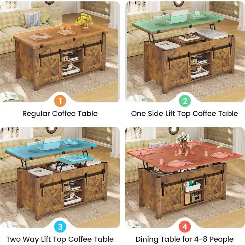 Table basse relevable avec portes coulissantes et rangement dissimulé – Style campagnard convertible