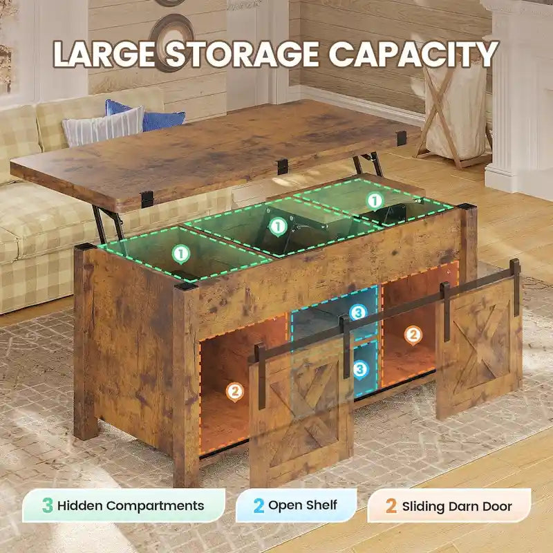 Table basse relevable avec portes coulissantes et rangement dissimulé – Style campagnard convertible