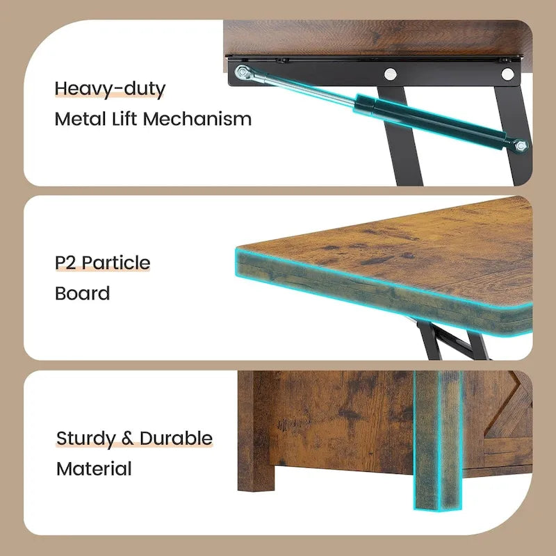 Table basse relevable avec portes coulissantes et rangement dissimulé – Style campagnard convertible