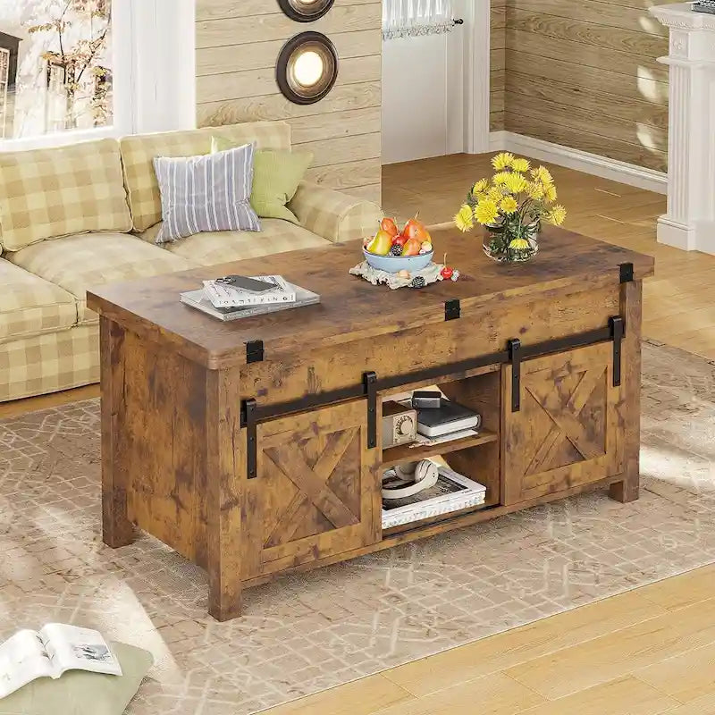 Table basse relevable avec portes coulissantes et rangement dissimulé – Style campagnard convertible
