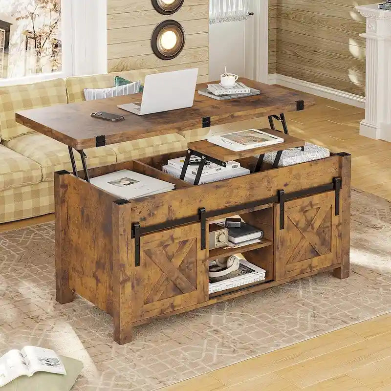 Table basse relevable avec portes coulissantes et rangement dissimulé – Style campagnard convertible