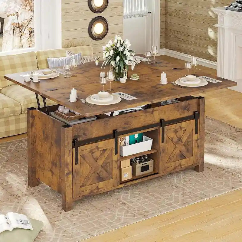 Table basse relevable avec portes coulissantes et rangement dissimulé – Style campagnard convertible