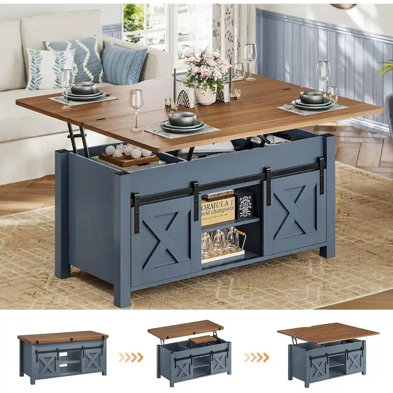 Table basse relevable avec portes coulissantes et rangement dissimulé – Style campagnard convertible